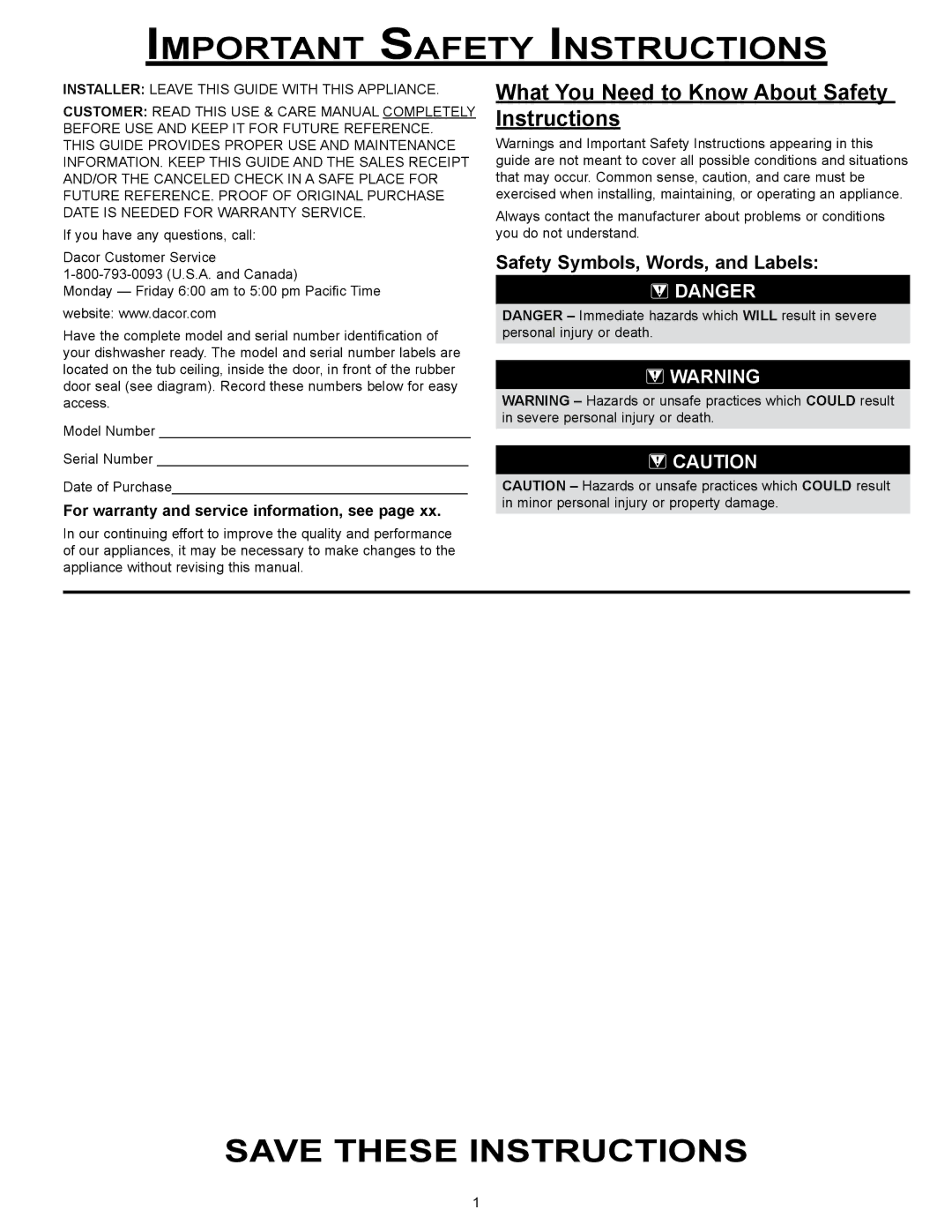 Dacor MDW24S manual Important Safety Instructions, What You Need to Know About Safety Instructions 