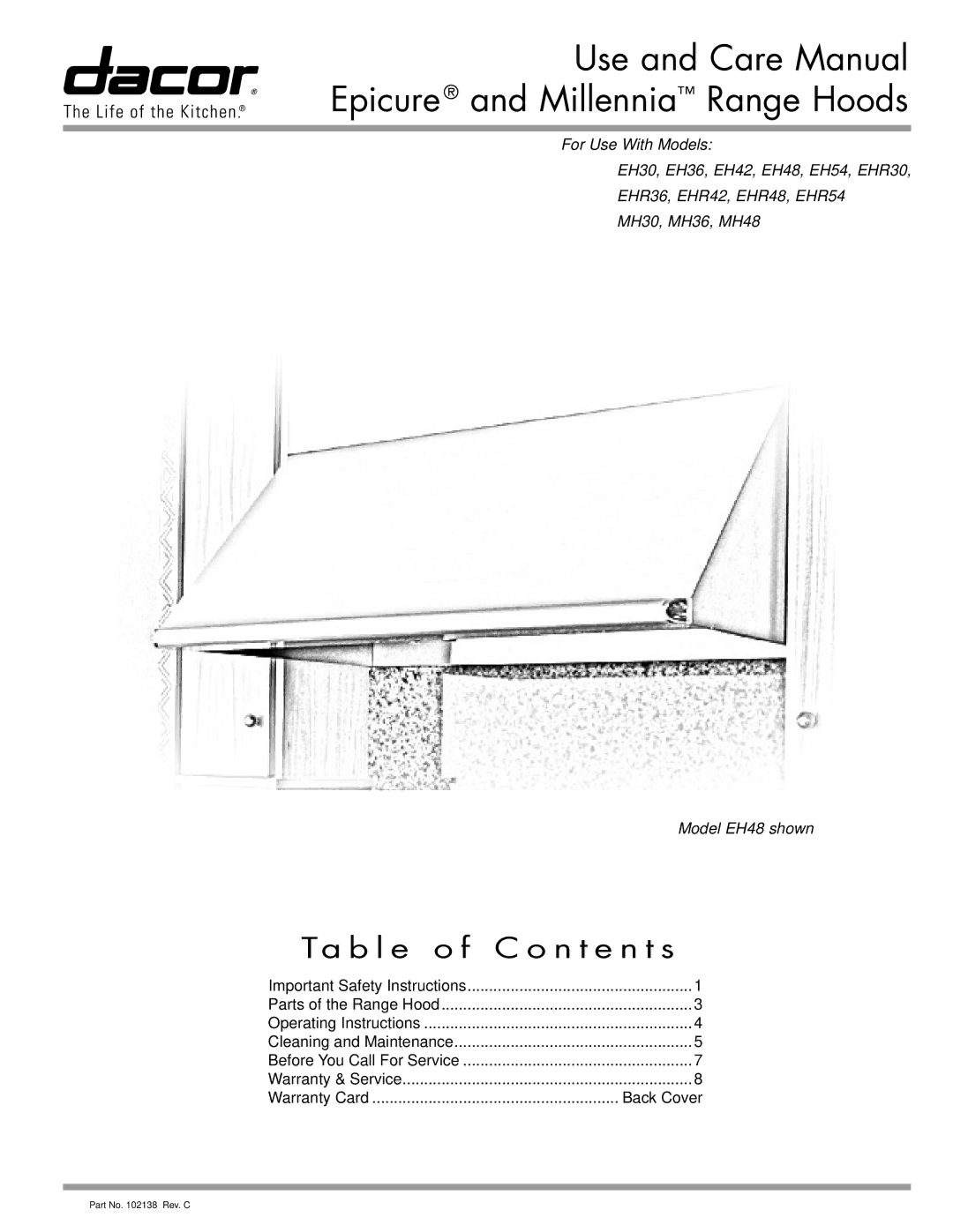 Dacor EH54, MH30, MH36, MH48, EH36, EH48 important safety instructions Use and Care Manual Epicure and Millennia Range Hoods 