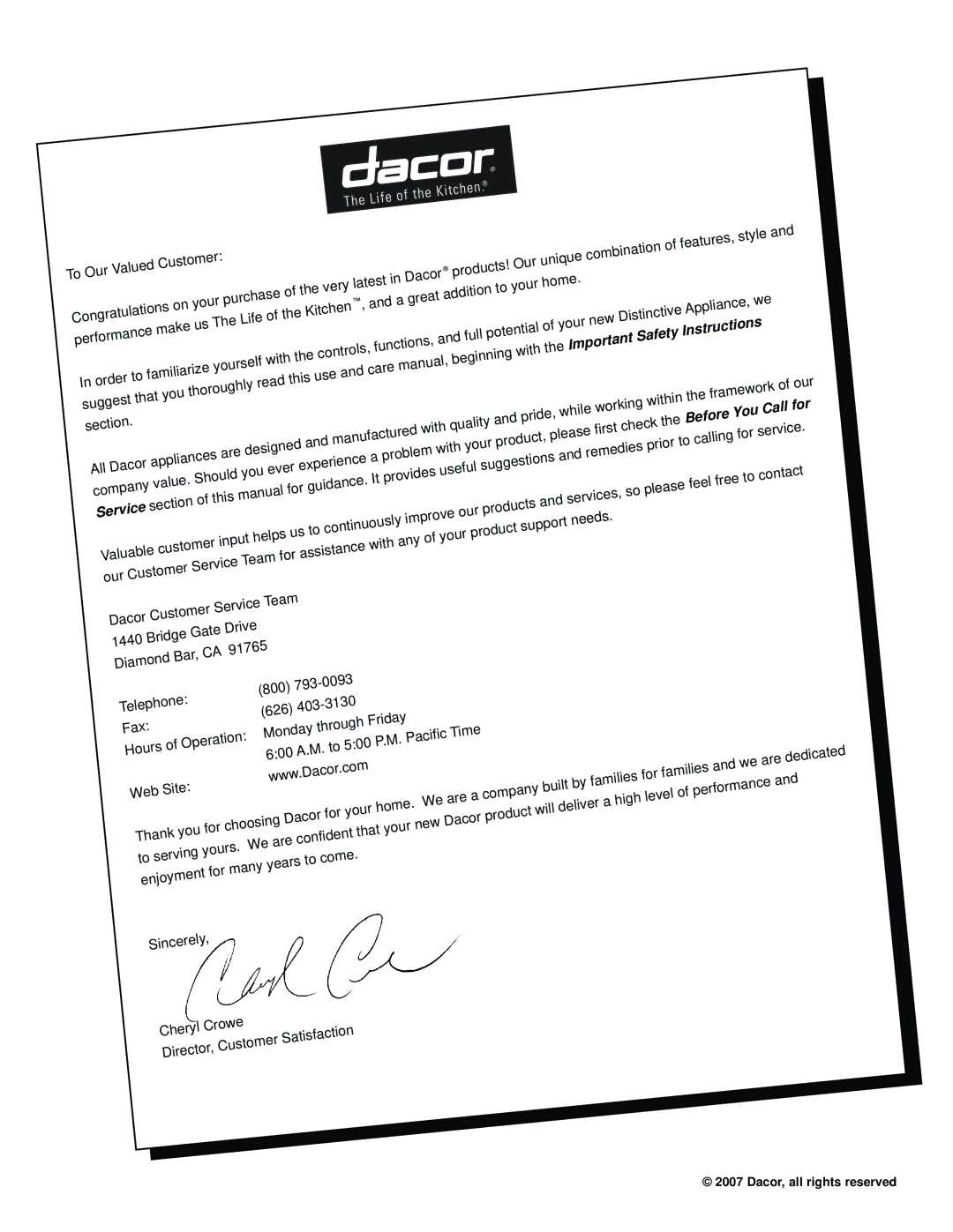 Dacor MH36, MH30, EH54, MH48, EH36, EH48, EH42, EHR54, EHR48, EHR36, EHR42, EHR30, EH30 important safety instructions You Call for 