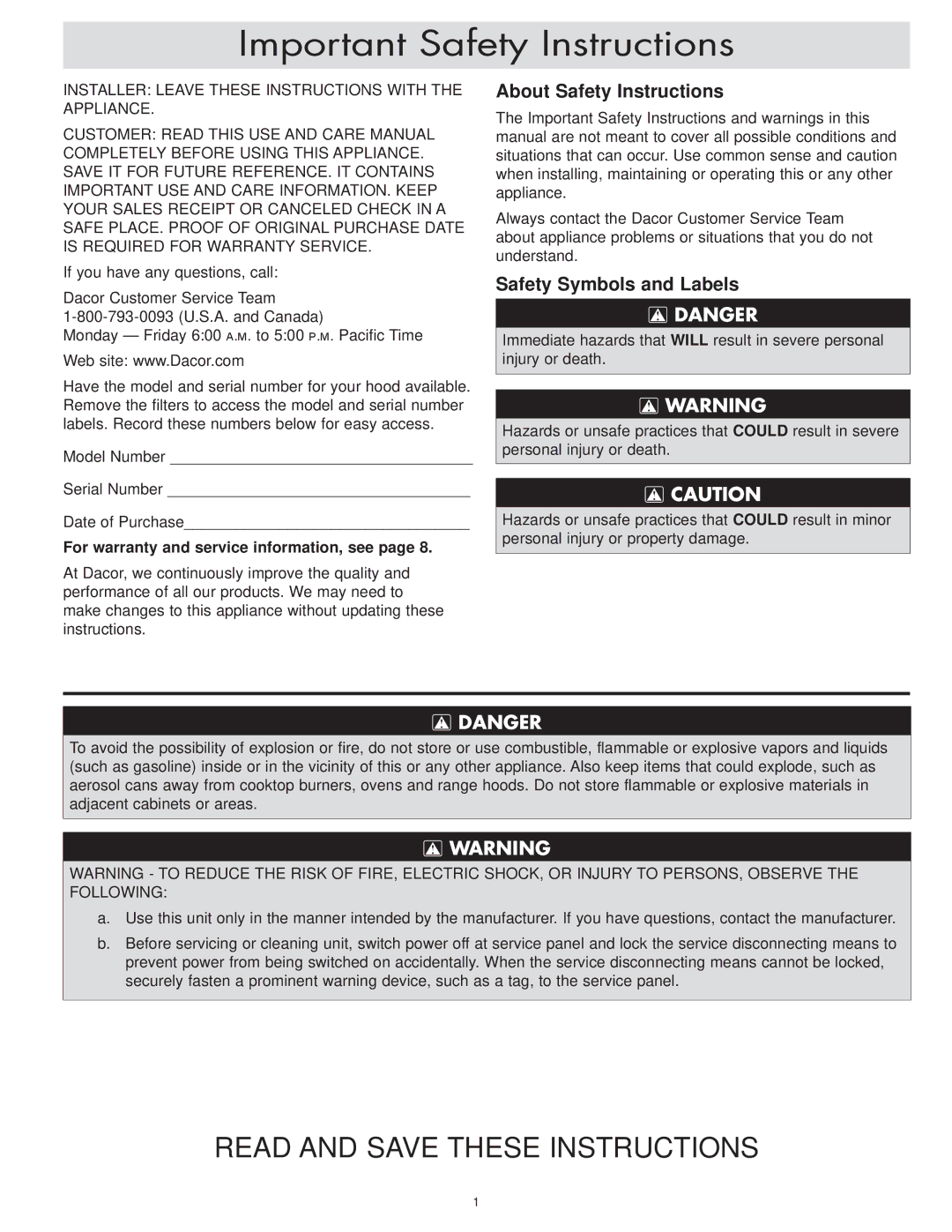 Dacor MH48, MH30, EH54, MH36, EH36, EH48 Important Safety Instructions, About Safety Instructions, Safety Symbols and Labels 