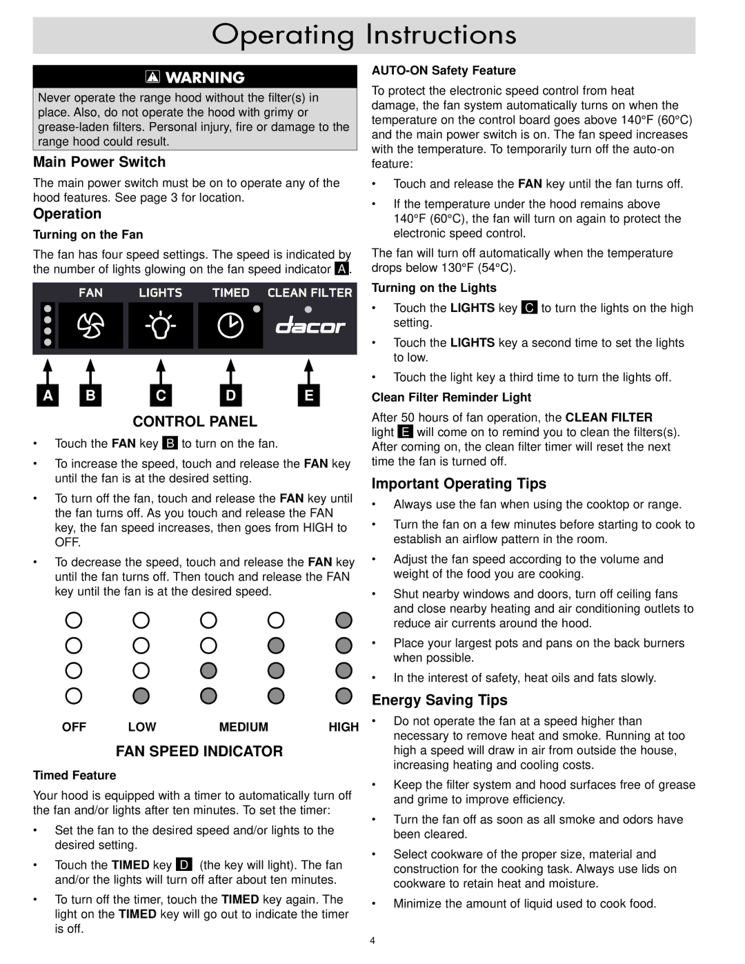 Dacor EH42, MH30, EH54 Operating Instructions, Main Power Switch, Operation, Important Operating Tips, Energy Saving Tips 