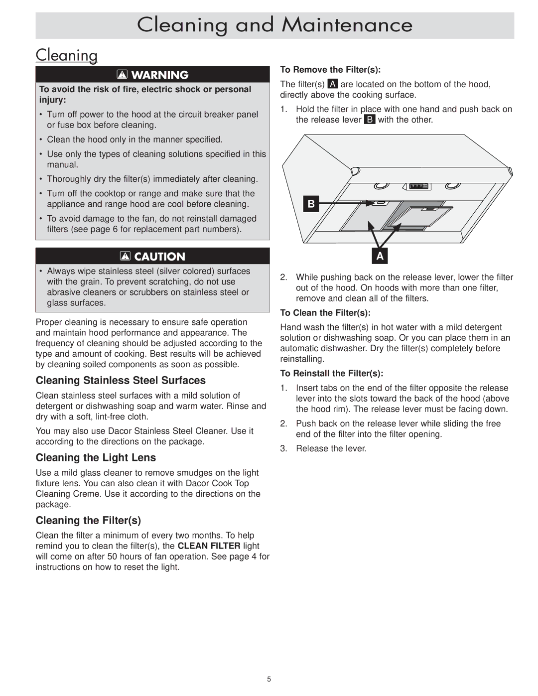 Dacor EHR54 Cleaning and Maintenance, Cleaning Stainless Steel Surfaces, Cleaning the Light Lens, Cleaning the Filters 