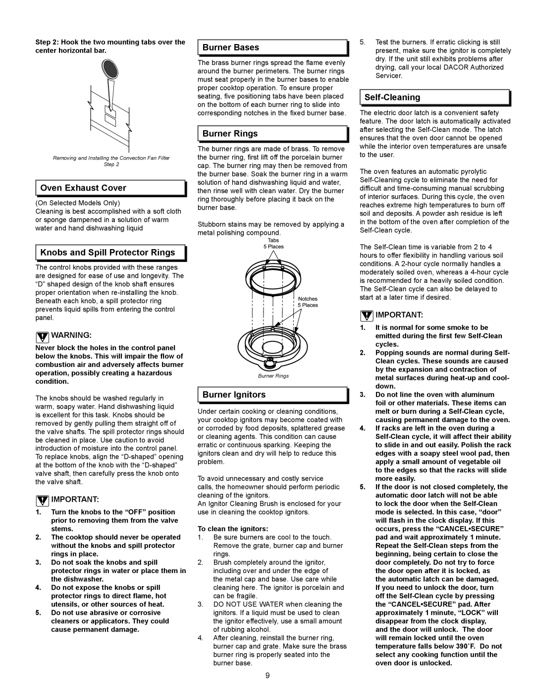 Dacor PreferenceTM manual Oven Exhaust Cover, Knobs and Spill Protector Rings, Burner Bases, Burner Rings, Burner Ignitors 