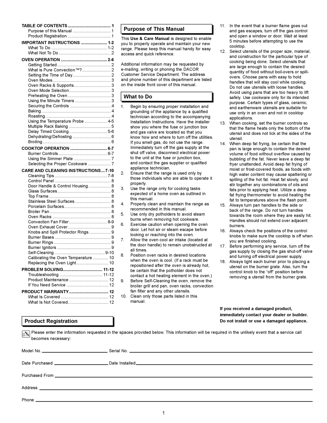 Dacor PreferenceTM, MillenniaTM Product Registration Purpose of This Manual, What to Do, Care and Cleaning Instructions 