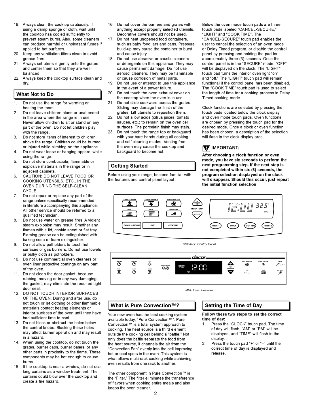 Dacor MillenniaTM, PreferenceTM manual What Not to Do, Getting Started, What is Pure Convection?, Setting the Time of Day 