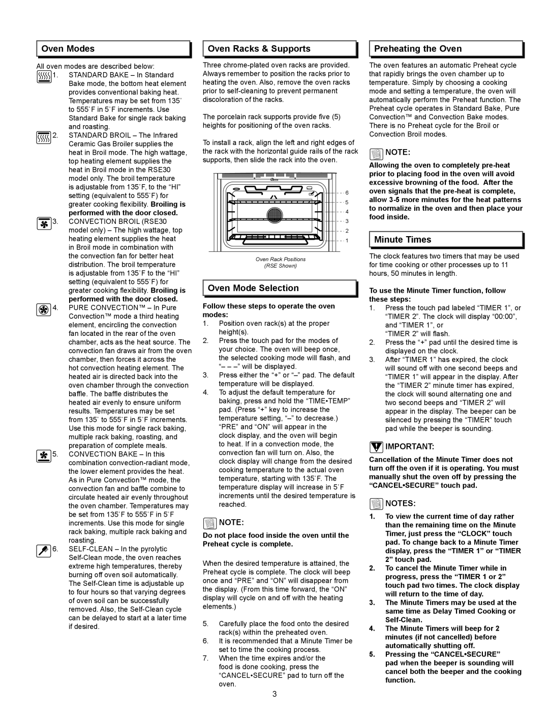 Dacor PreferenceTM, MillenniaTM Oven Modes, Oven Racks & Supports, Oven Mode Selection, Preheating the Oven, Minute Times 