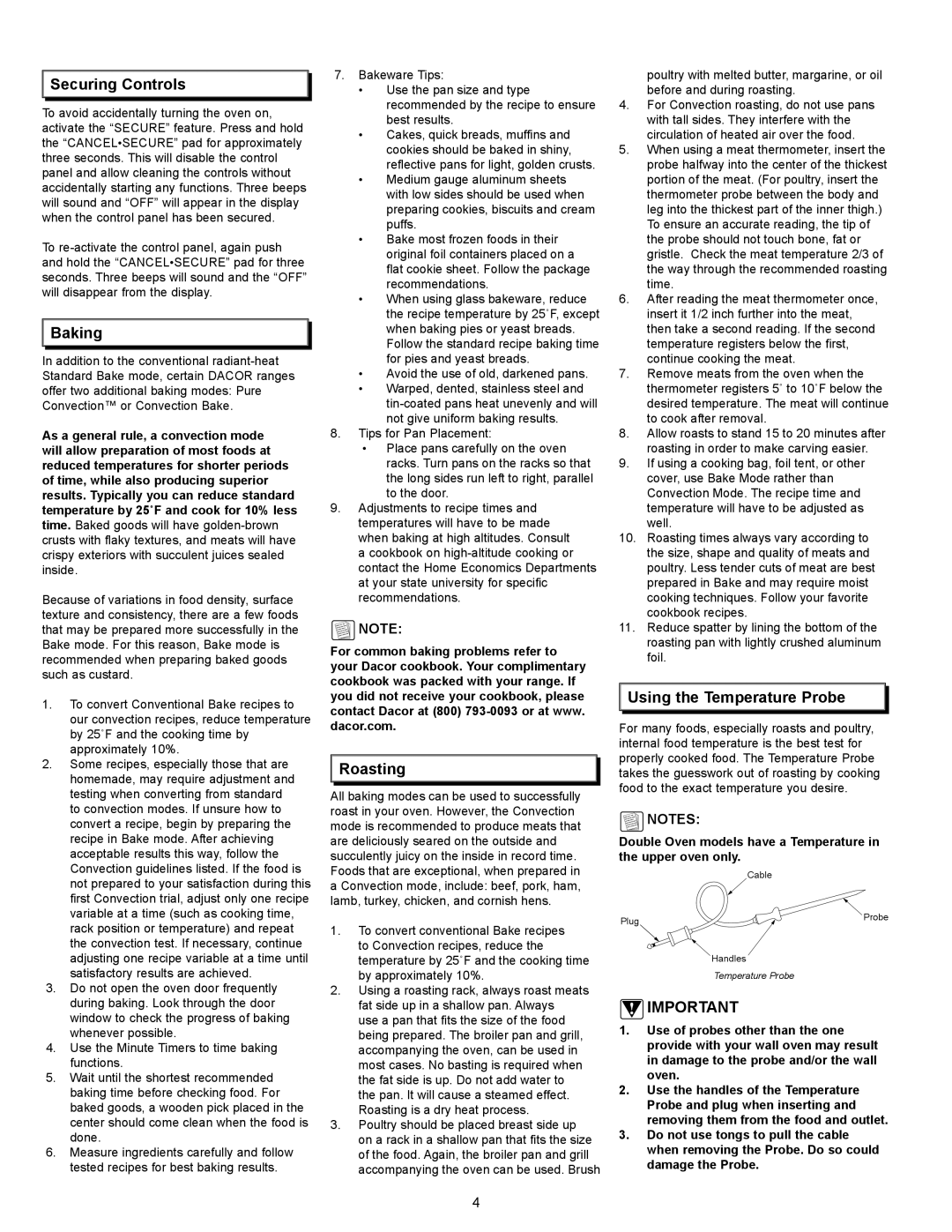 Dacor MillenniaTM, PreferenceTM manual Securing Controls, Baking, Roasting, Using the Temperature Probe 