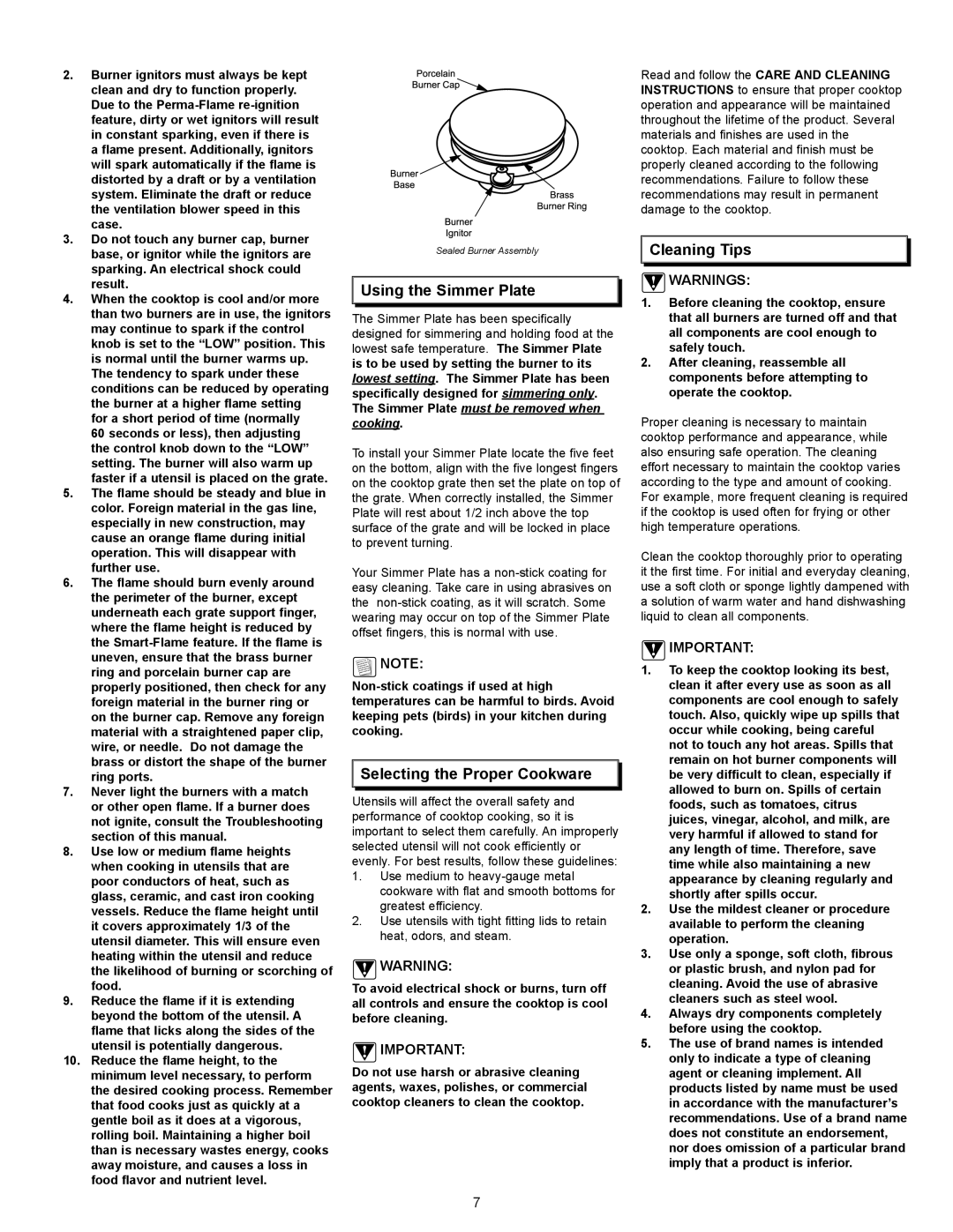 Dacor PreferenceTM, MillenniaTM manual Using the Simmer Plate, Selecting the Proper Cookware, Cleaning Tips 