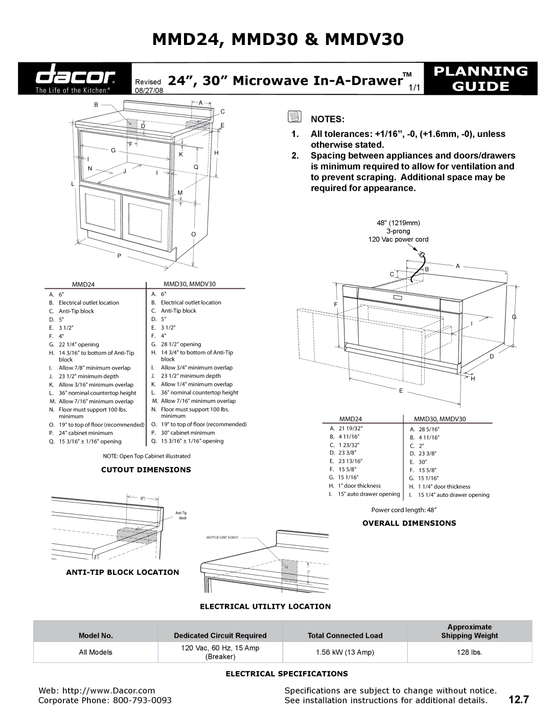 Dacor MMD30S dimensions MMD24, MMD30 & MMDV30, Planning, Guide 