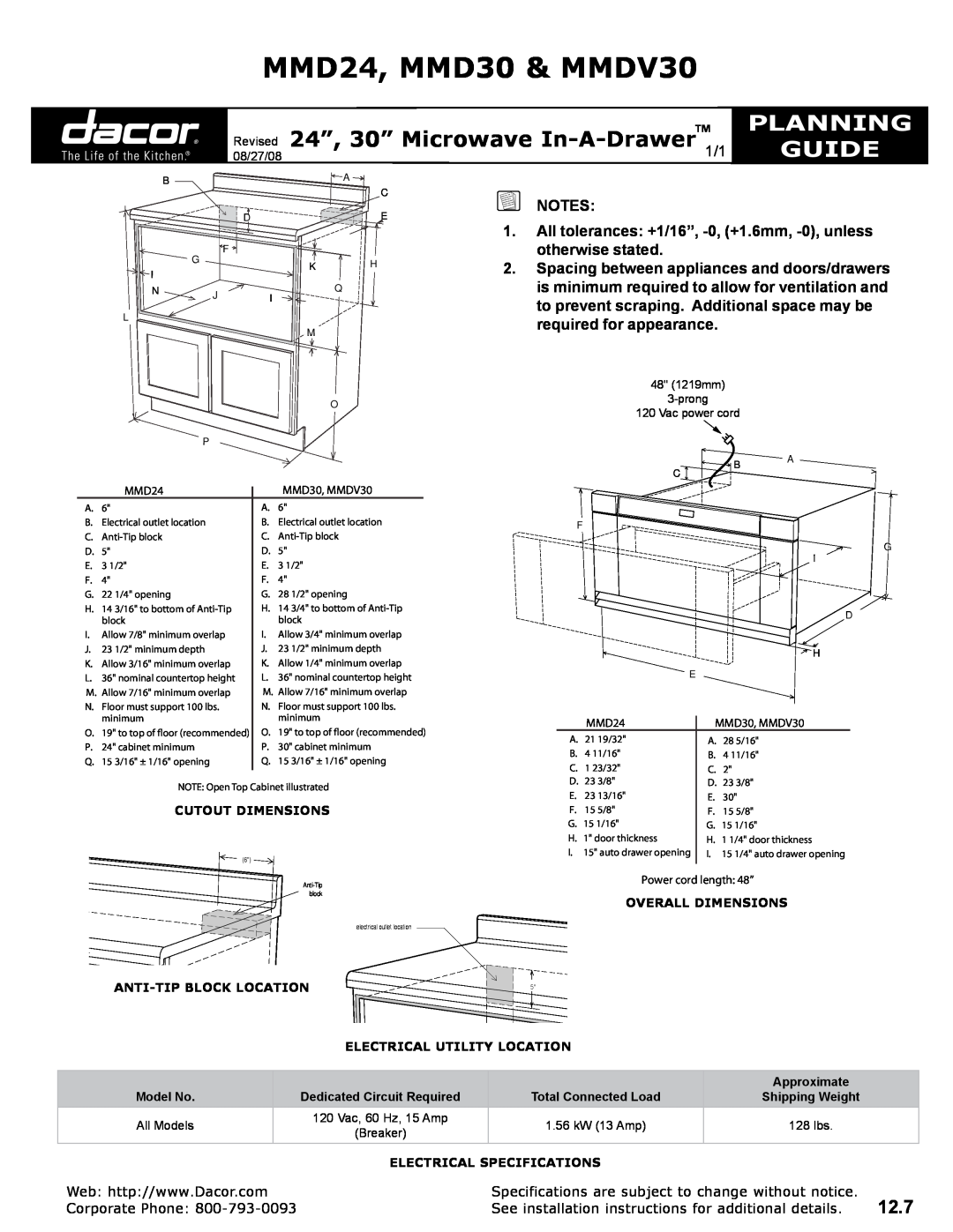 Dacor dimensions MMD24, MMD30 & MMDV30, Revised 24”, 30” Microwave In-A-Drawer, Planning, Guide, 12.7, Corporate Phone 
