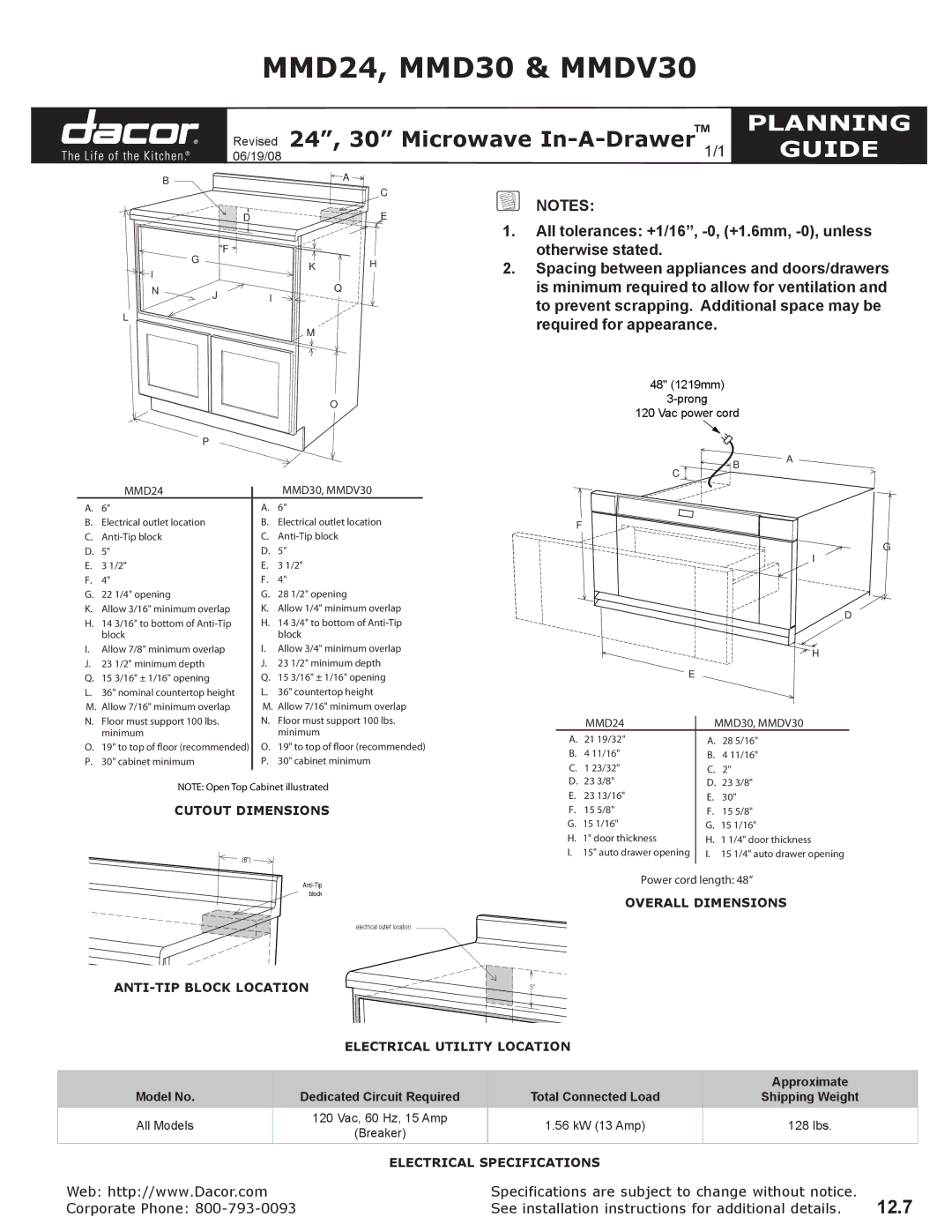 Dacor dimensions MMD24, MMD30 & MMDV30, Planning, Guide 