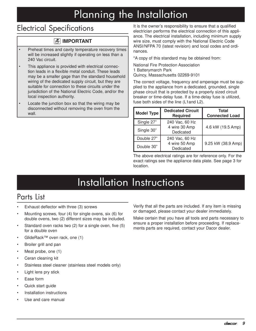 Dacor MO manual Installation Instructions, Electrical Specifications, Parts List 