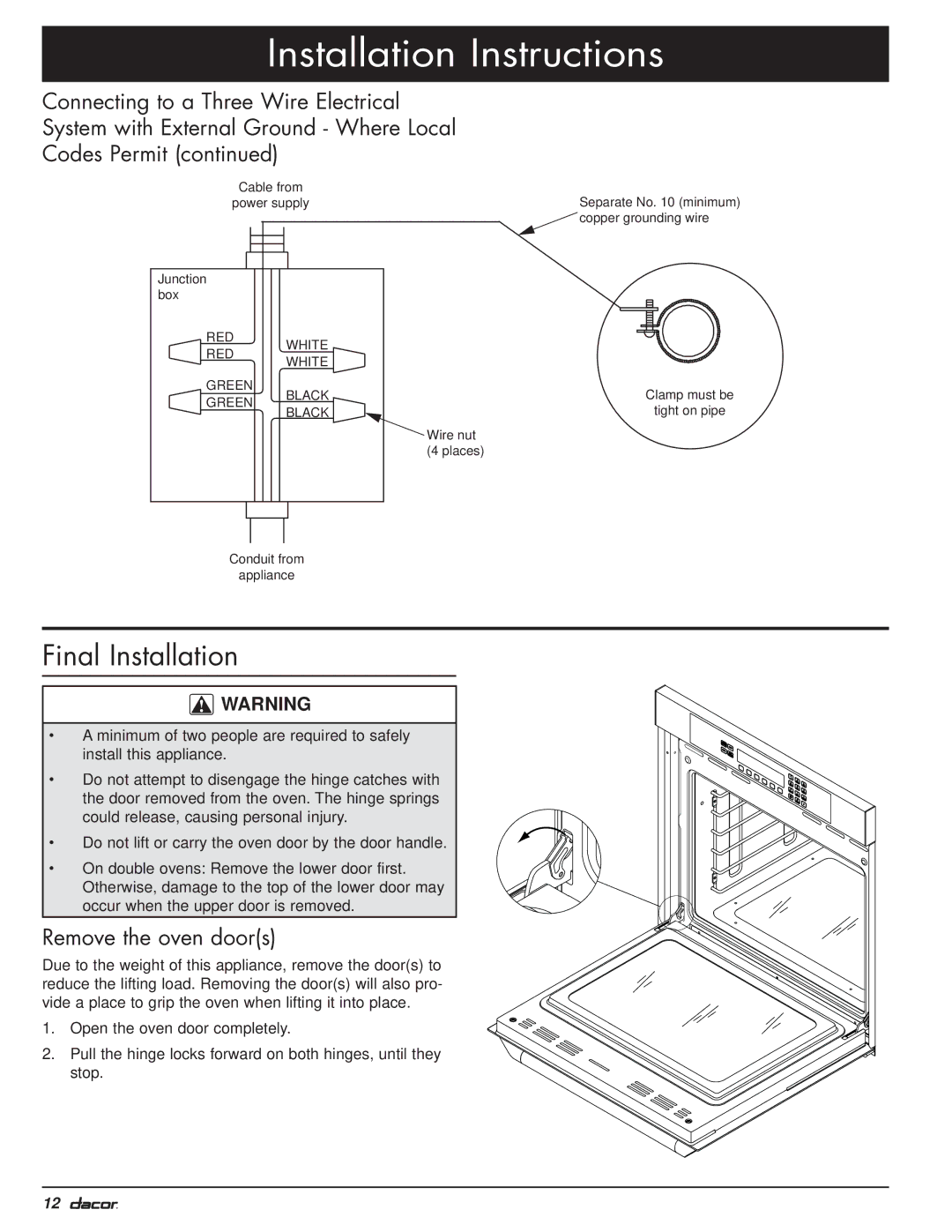 Dacor MO manual Final Installation, Remove the oven doors 