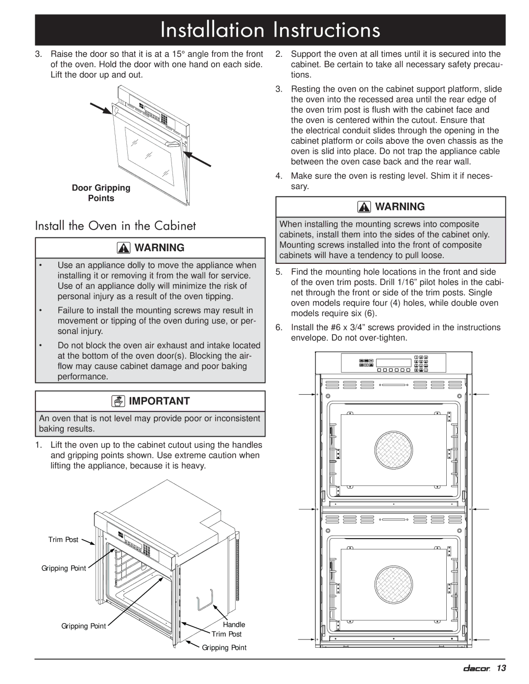 Dacor MO manual Install the Oven in the Cabinet, Door Gripping Points 