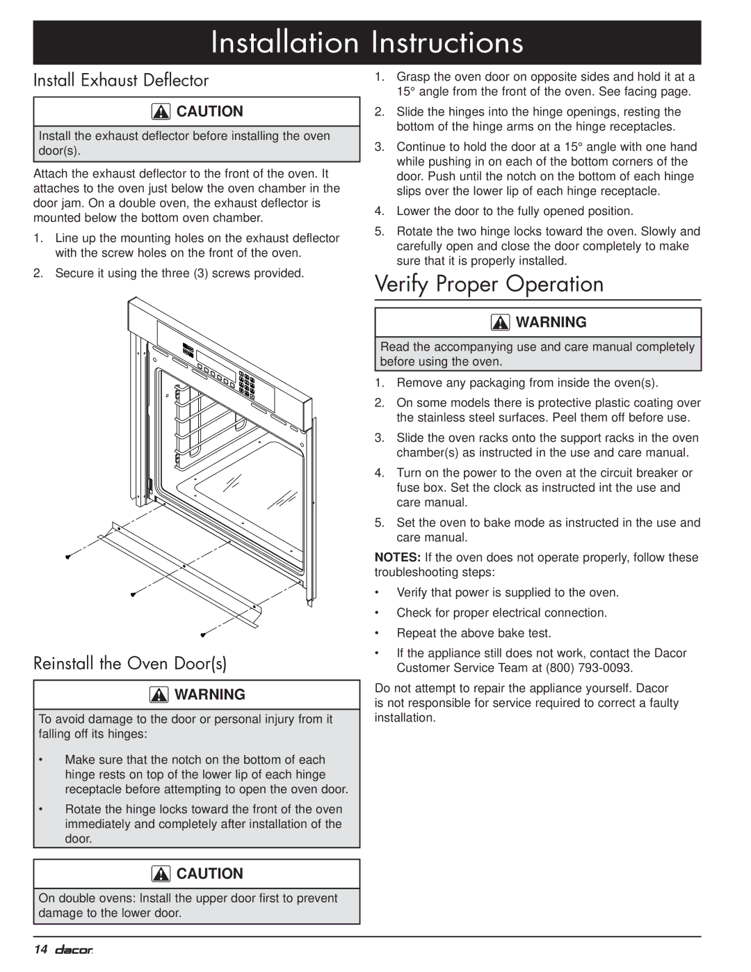 Dacor MO manual Verify Proper Operation, Install Exhaust Deflector, Reinstall the Oven Doors 