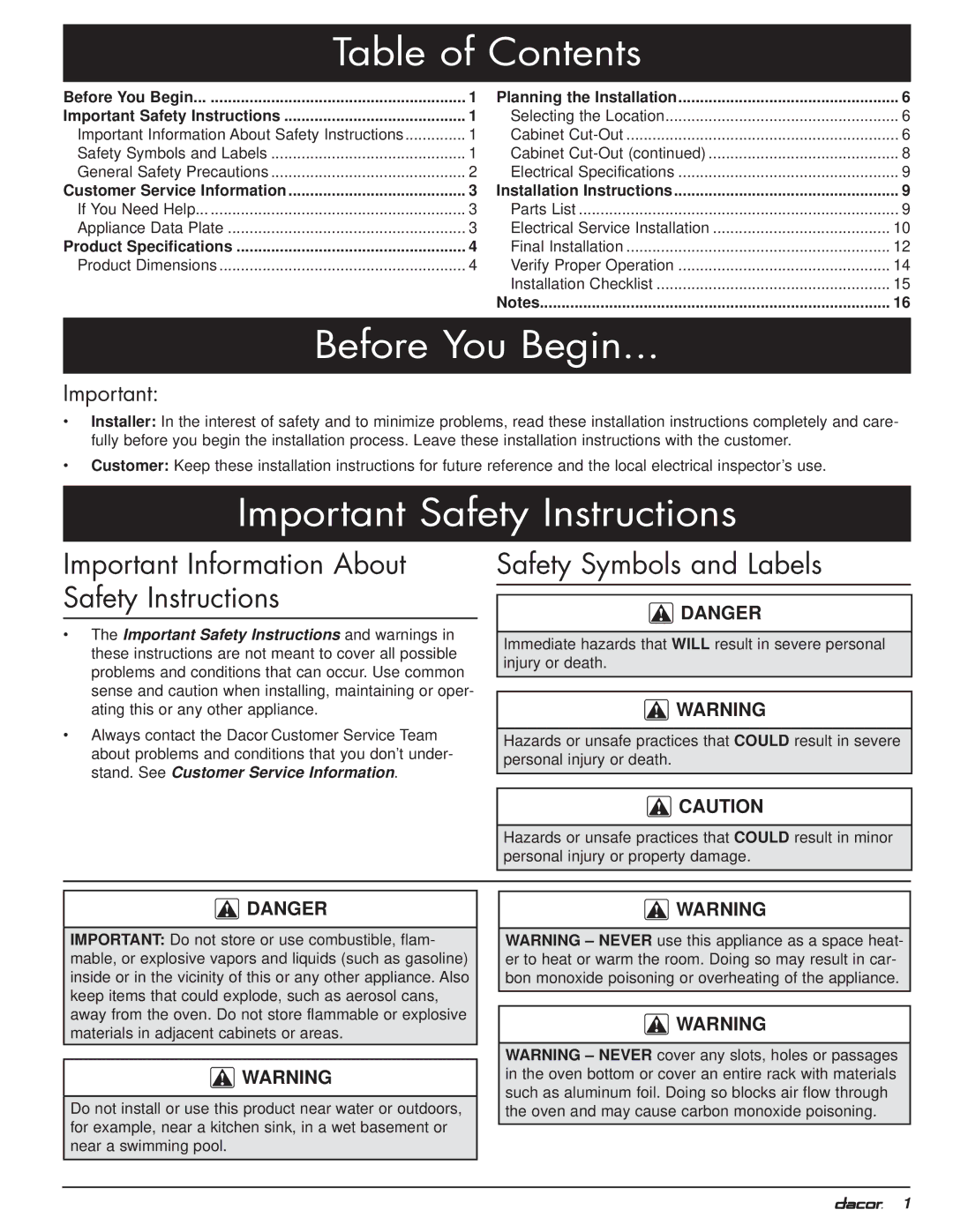 Dacor MO manual Table of Contents, Before You Begin, Important Safety Instructions 