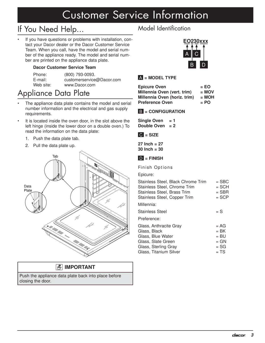 Dacor MO manual Customer Service Information, If You Need Help, Appliance Data Plate, Model Identification 