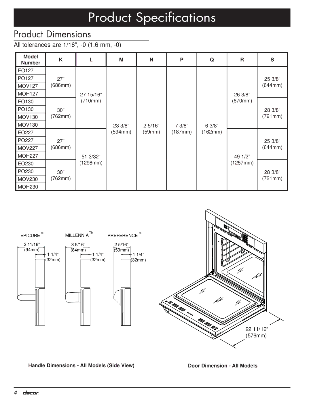 Dacor MO manual Product Specifications, Product Dimensions, Model Number 