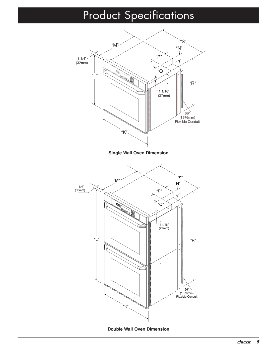 Dacor MO manual Single Wall Oven Dimension, Double Wall Oven Dimension 