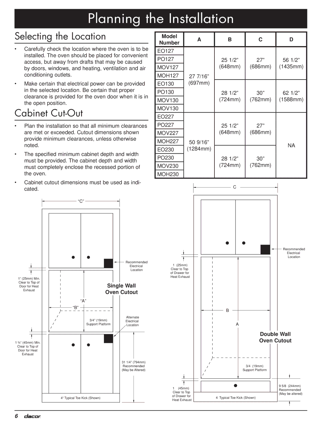 Dacor MO manual Planning the Installation, Selecting the Location, Cabinet Cut-Out, Single Wall, Oven Cutout 