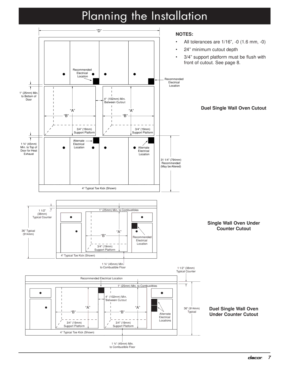 Dacor MO manual Duel Single Wall Oven Cutout, Single Wall Oven Under Counter Cutout 