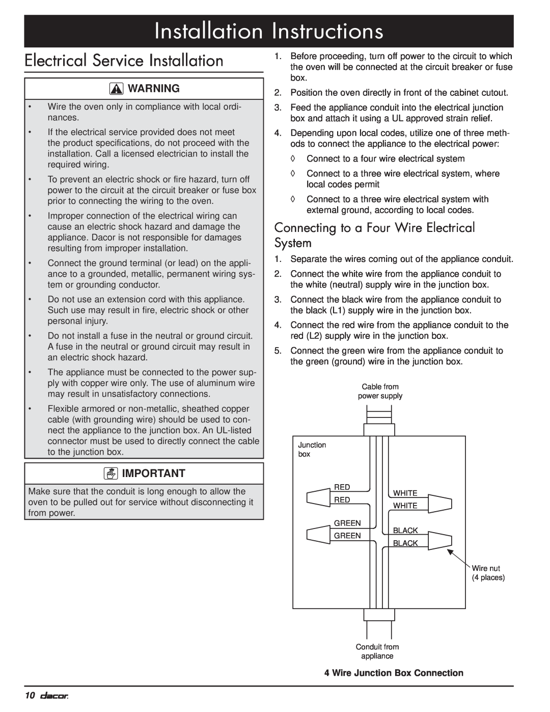 Dacor MO manual Electrical Service Installation, Connecting to a Four Wire Electrical System, Installation Instructions 
