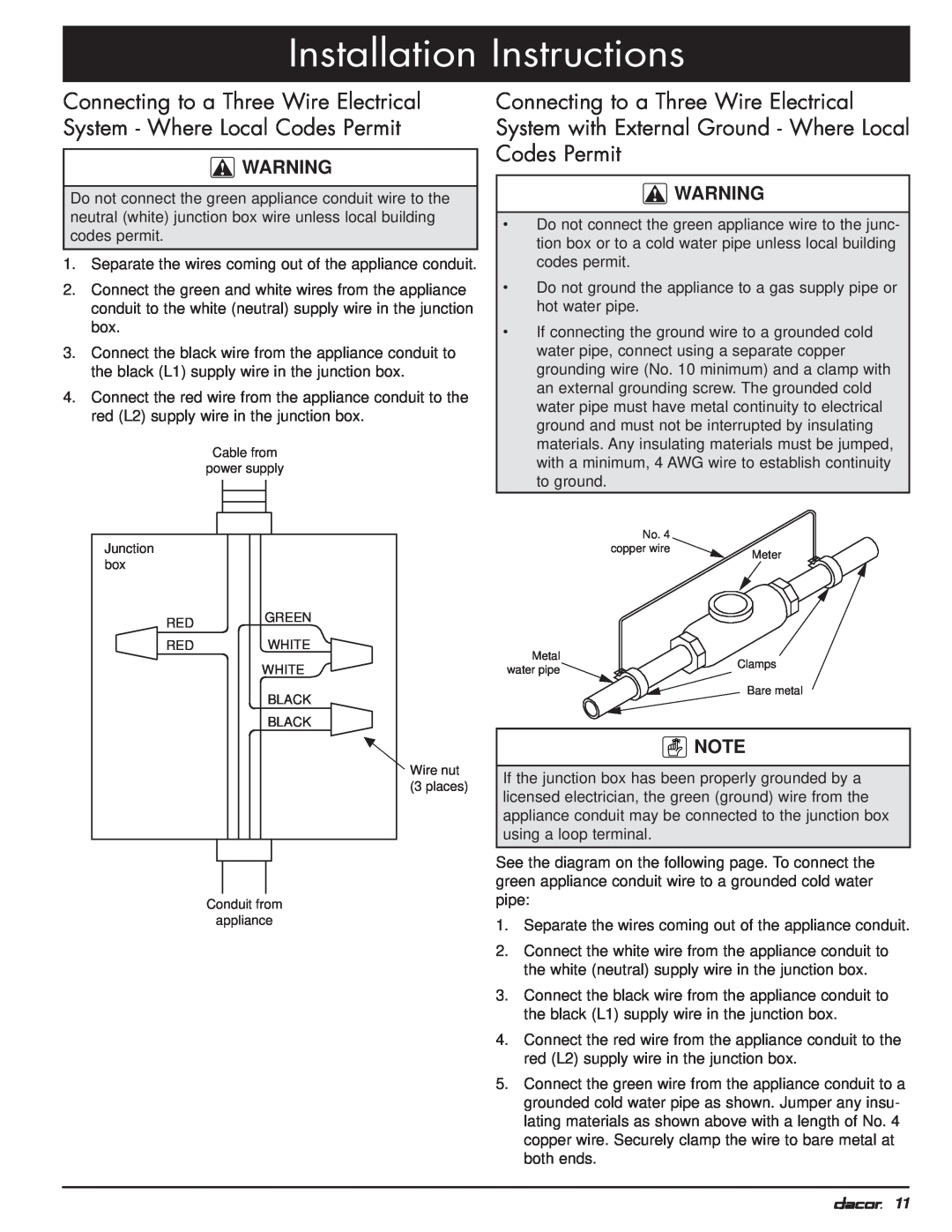 Dacor MO manual Installation Instructions, Cable from power supply 