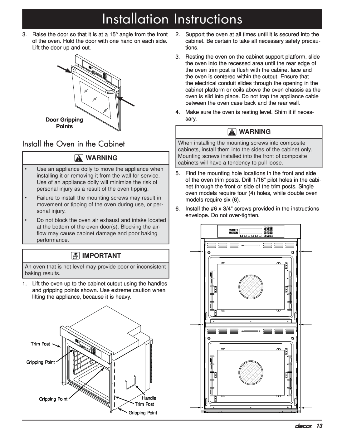 Dacor MO manual Install the Oven in the Cabinet, Installation Instructions, Door Gripping Points 