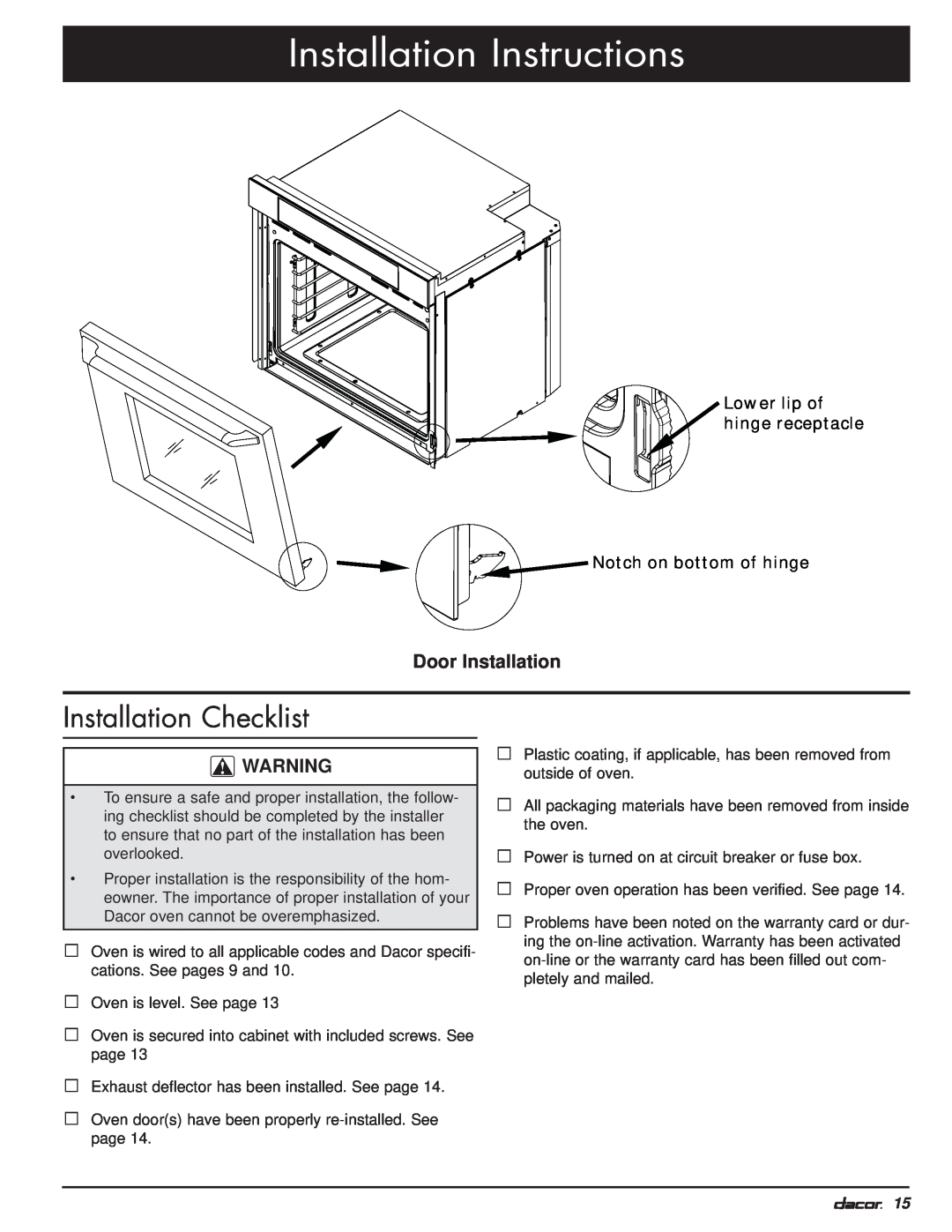 Dacor MO manual Installation Checklist, Door Installation, Installation Instructions, Lower lip of hinge receptacle 