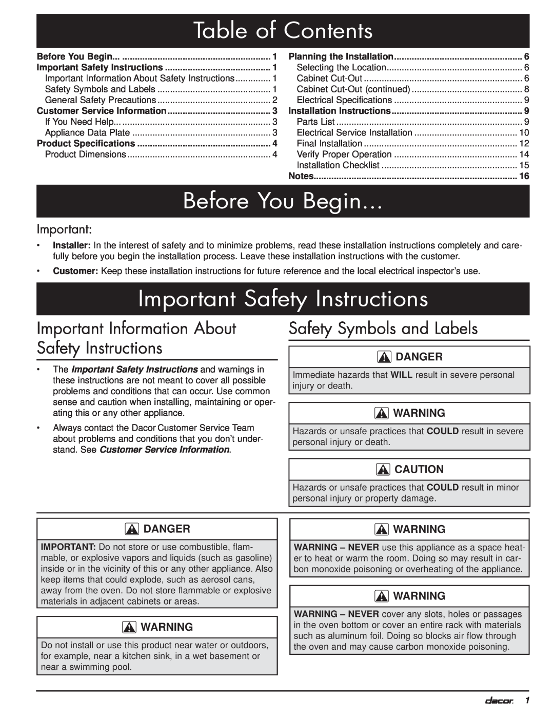 Dacor MO manual Table of Contents, Before You Begin, Important Safety Instructions, Safety Symbols and Labels, Danger 