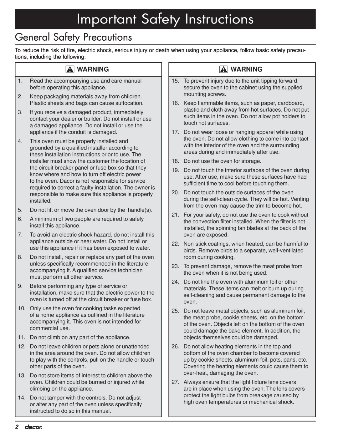 Dacor MO manual General Safety Precautions, Important Safety Instructions 