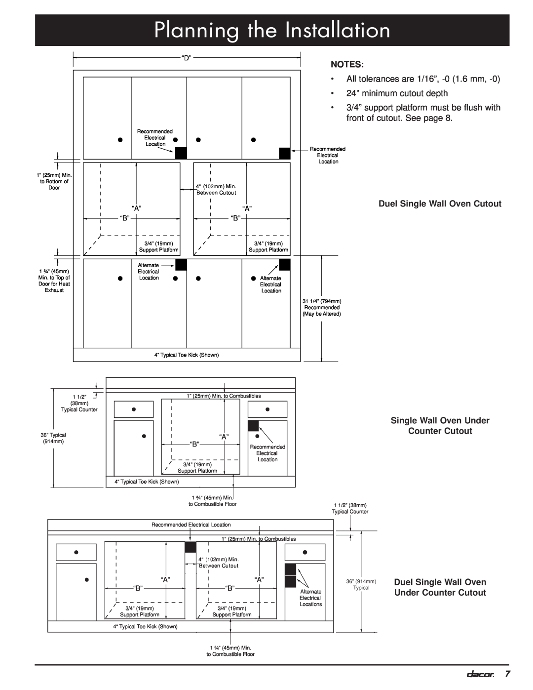 Dacor MO manual Planning the Installation, Duel Single Wall Oven, 4“ 102mm Min, Between Cutout 