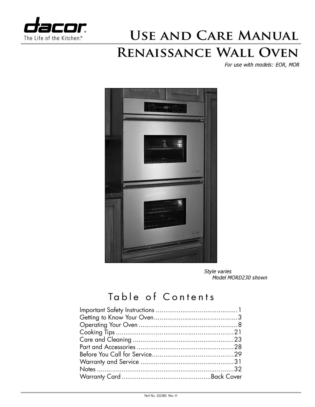 Dacor MORD230 manual USE and Care Manual Renaissance Wall Oven, Ta b l e o f C o n t e n t s 