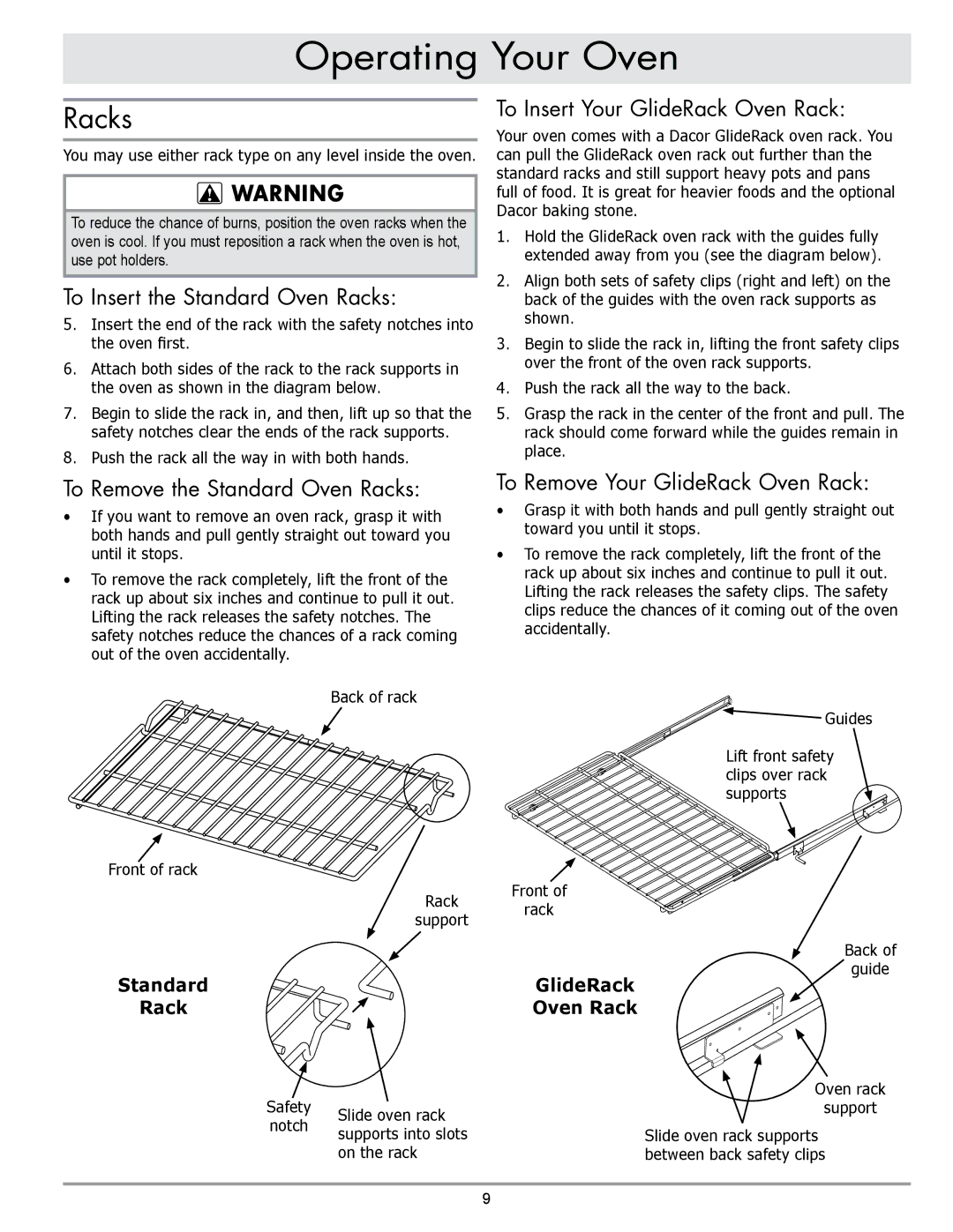 Dacor MORD230 To Insert the Standard Oven Racks, To Remove the Standard Oven Racks, To Insert Your GlideRack Oven Rack 