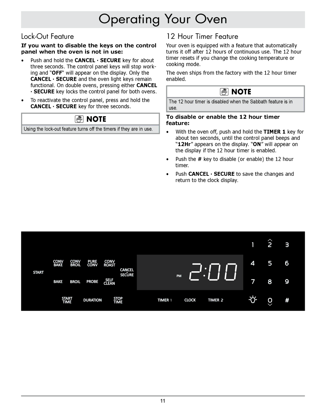 Dacor MORD230 manual Lock-Out Feature, Hour Timer Feature, To disable or enable the 12 hour timer feature 