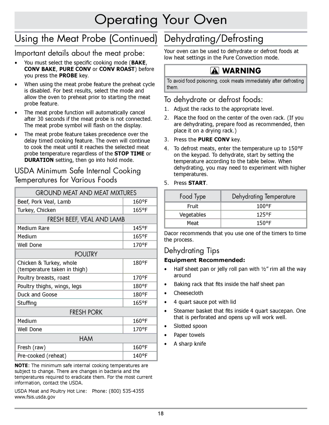 Dacor MORD230 manual Using the Meat Probe Dehydrating/Defrosting, Important details about the meat probe, Dehydrating Tips 