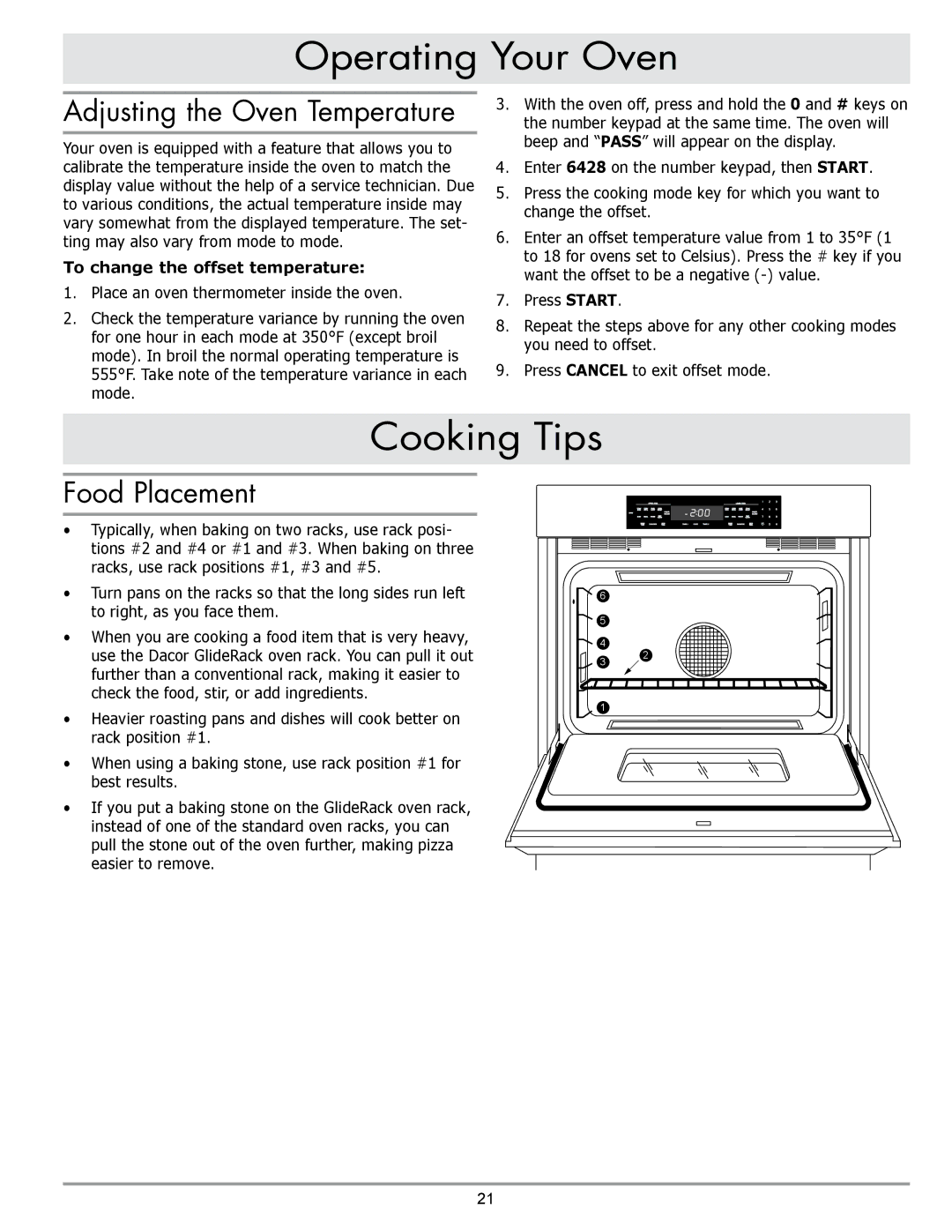 Dacor MORD230 manual Cooking Tips, Adjusting the Oven Temperature, Food Placement, To change the offset temperature 