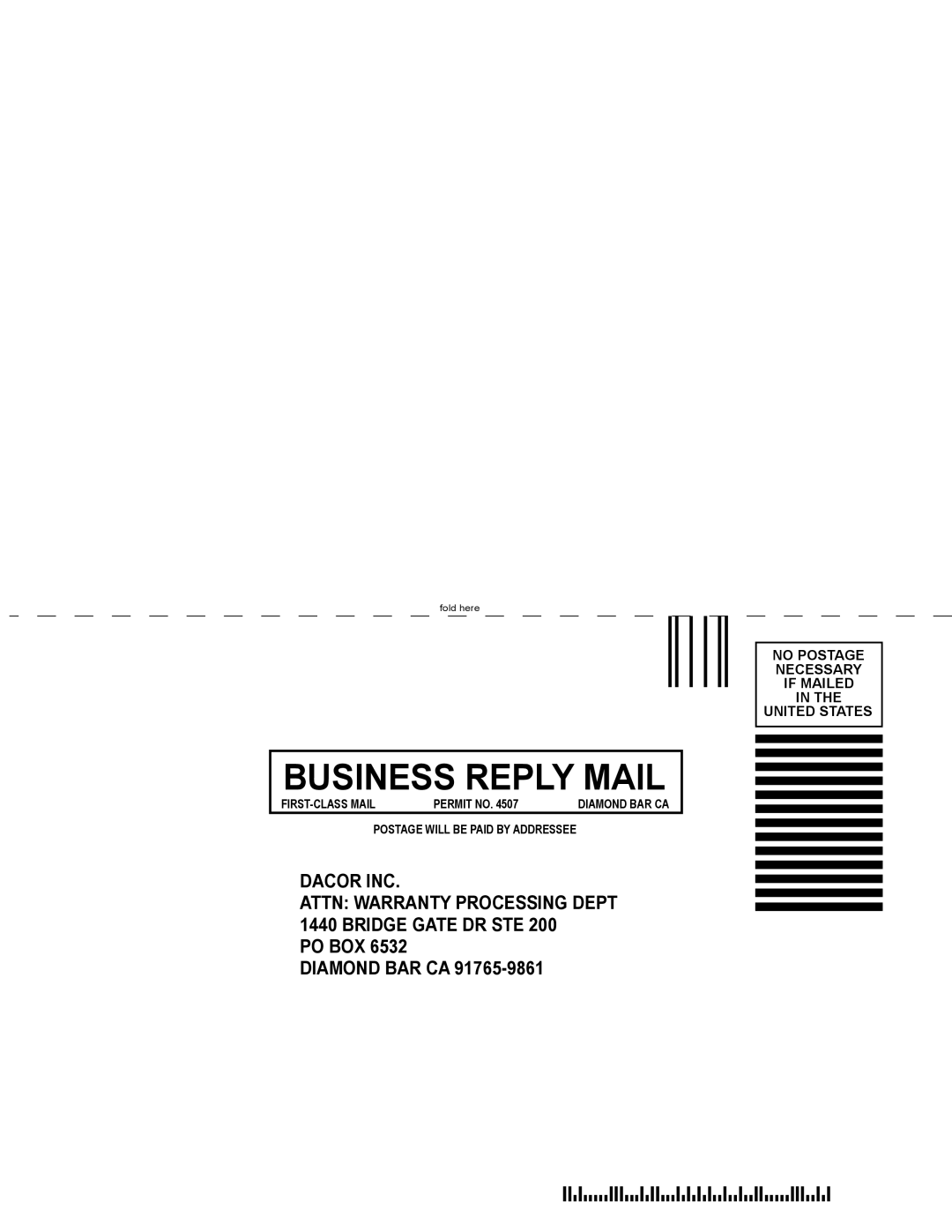 Dacor MORD230 manual Business Reply Mail 