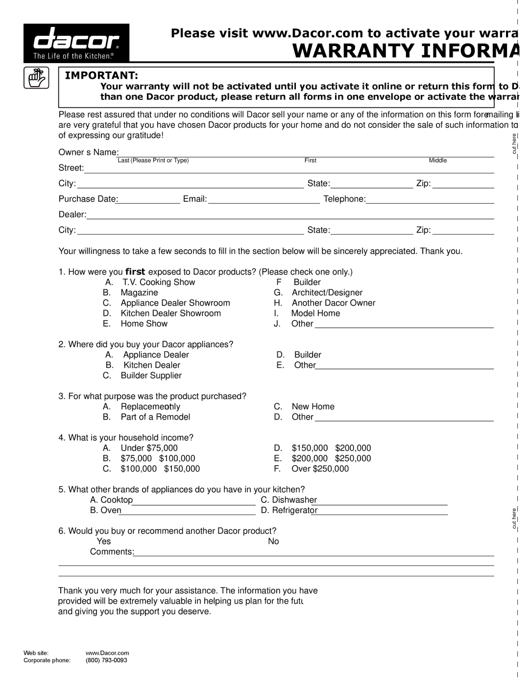 Dacor MORD230 manual Warranty Information 