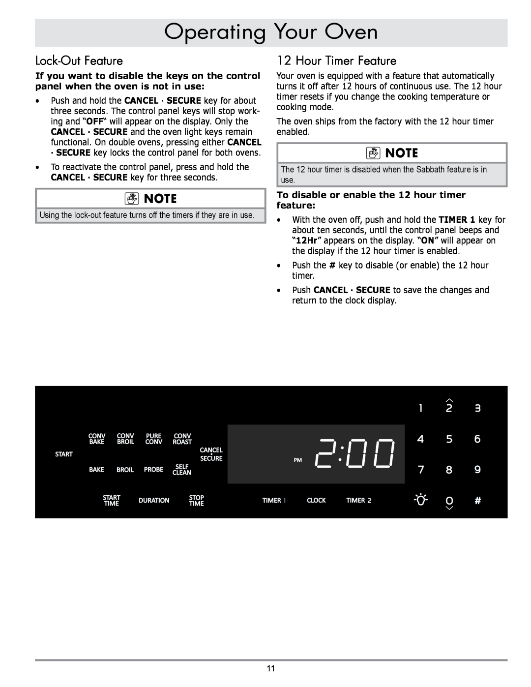 Dacor MORD230 Lock-Out Feature, Hour Timer Feature, To disable or enable the 12 hour timer feature, Operating Your Oven 