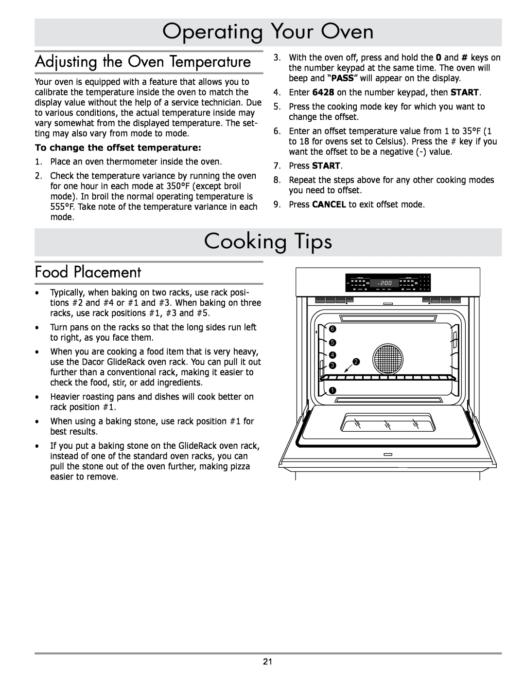 Dacor MORD230 manual Cooking Tips, Adjusting the Oven Temperature, Food Placement, To change the offset temperature 
