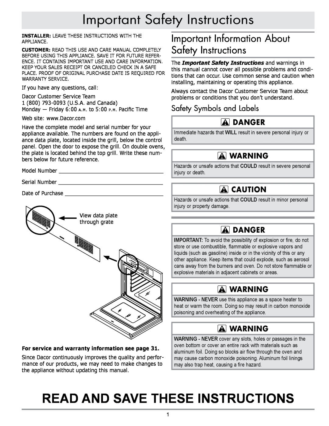 Dacor MORD230 Important Safety Instructions, Important Information About Safety Instructions, Safety Symbols and Labels 
