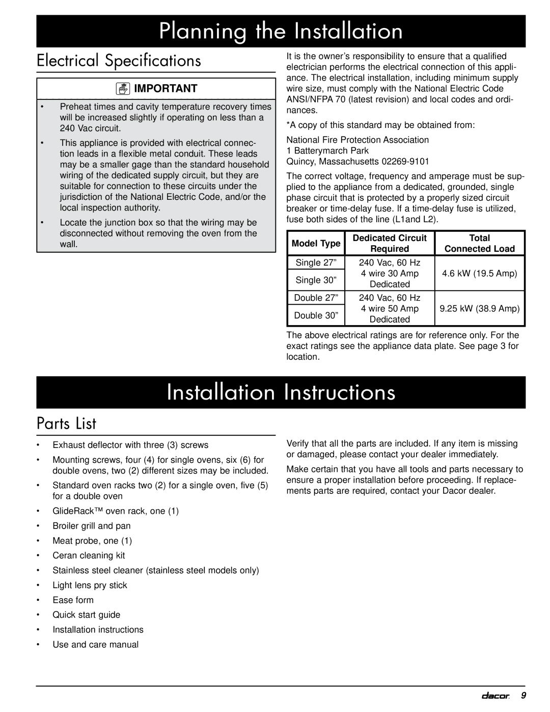 Dacor MOH230, MOV230 installation instructions Installation Instructions, Electrical Specifications, Parts List 