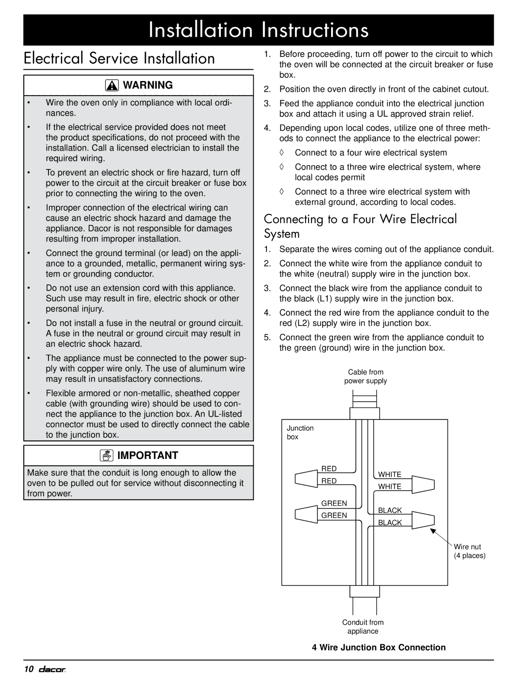 Dacor MOV230 Electrical Service Installation, Connecting to a Four Wire Electrical System, Wire Junction Box Connection 