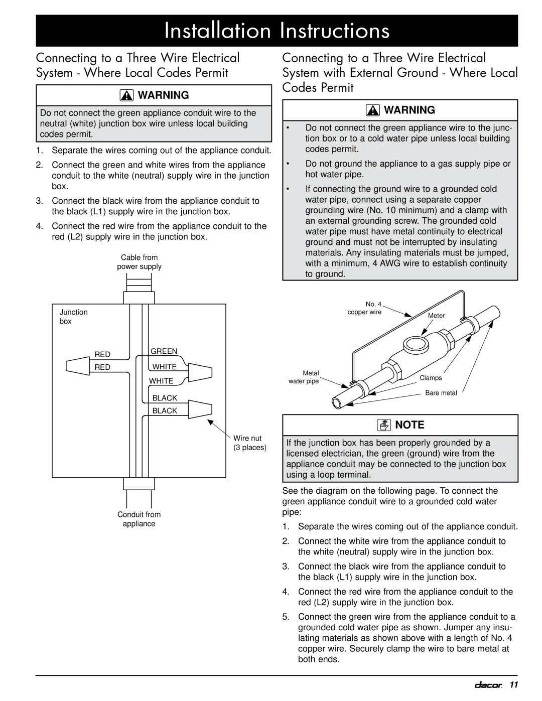 Dacor MOH230, MOV230 installation instructions RED Green White Black 