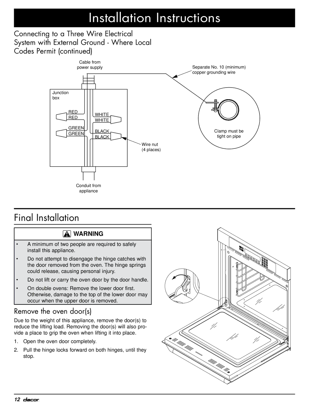 Dacor MOV230, MOH230 installation instructions Final Installation, Remove the oven doors 