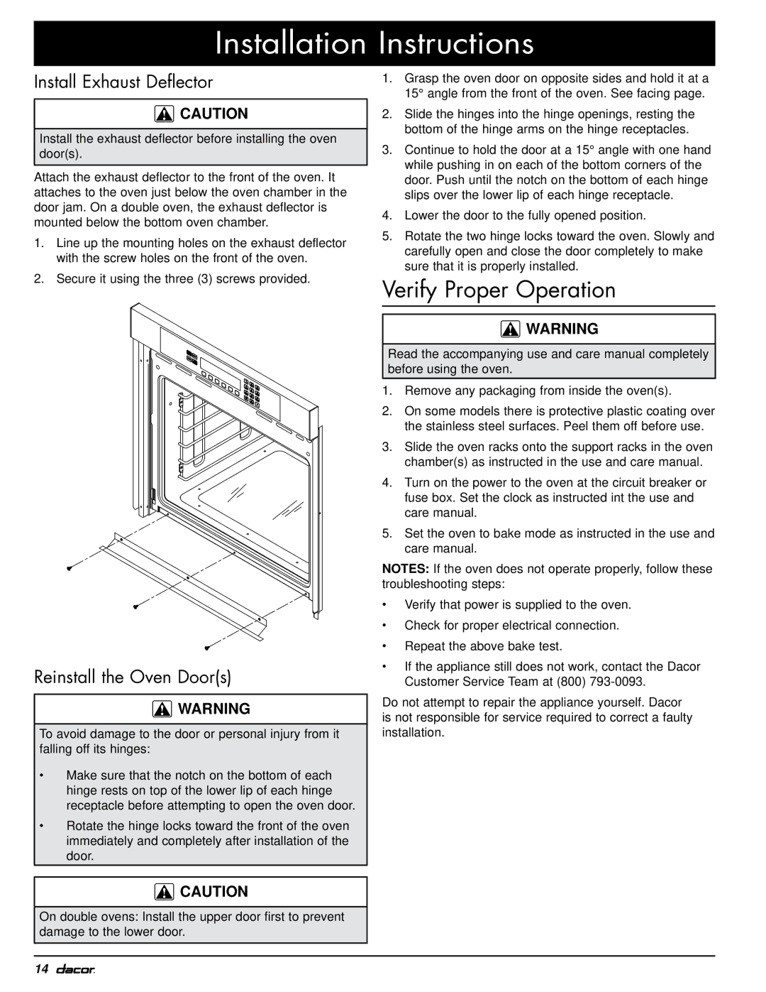 Dacor MOV230, MOH230 installation instructions Verify Proper Operation, Install Exhaust Deflector, Reinstall the Oven Doors 