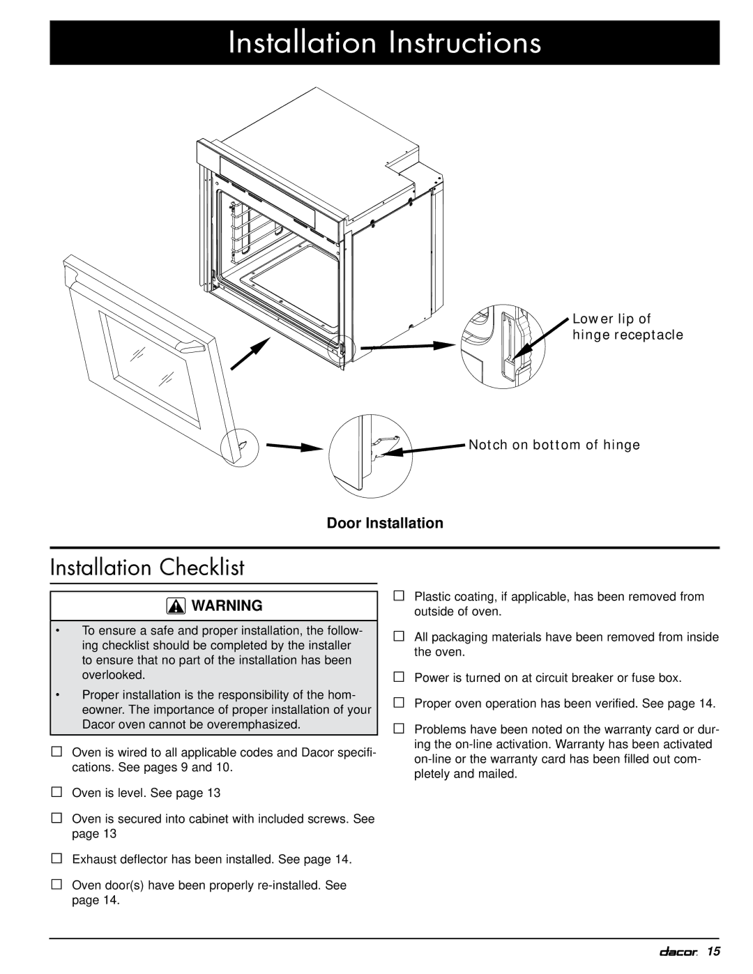 Dacor MOH230, MOV230 installation instructions Installation Checklist 