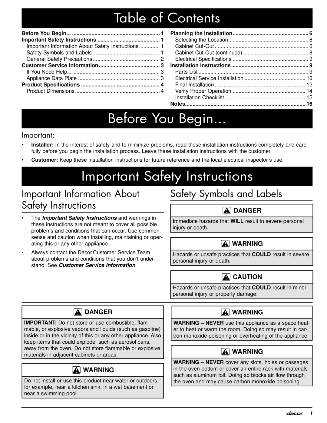 Dacor MOH230, MOV230 installation instructions Table of Contents, Before You Begin, Important Safety Instructions 