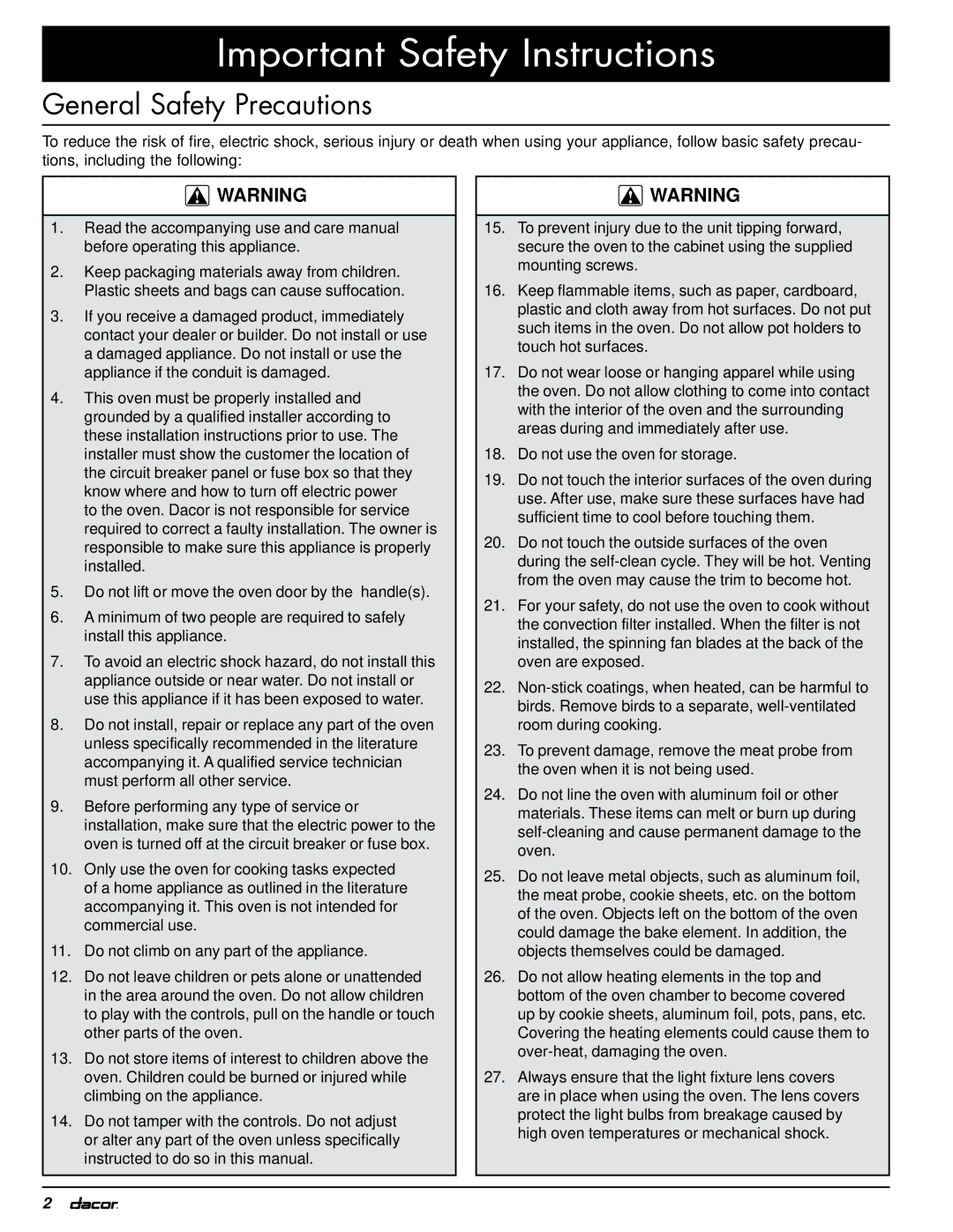 Dacor MOV230, MOH230 installation instructions General Safety Precautions 